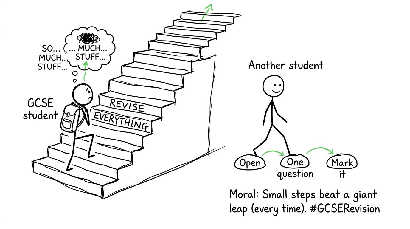 Two revision routes compare an overwhelming staircase with three small starting steps