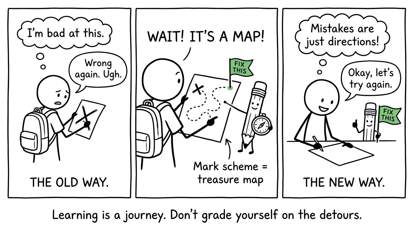 A mark scheme becomes a treasure map leading towards a precise revision fix