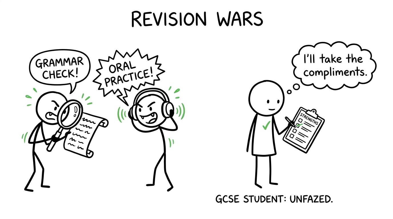 Two revision monsters represent detailed ancient texts and modern spoken communication while a student checks personal strengths