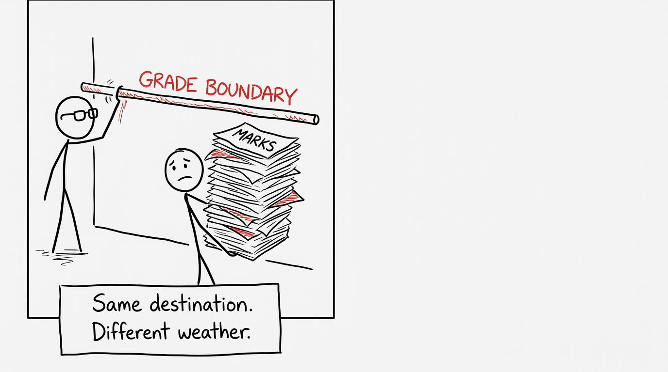 An examiner adjusting a grade-boundary limbo bar as a student carries marks