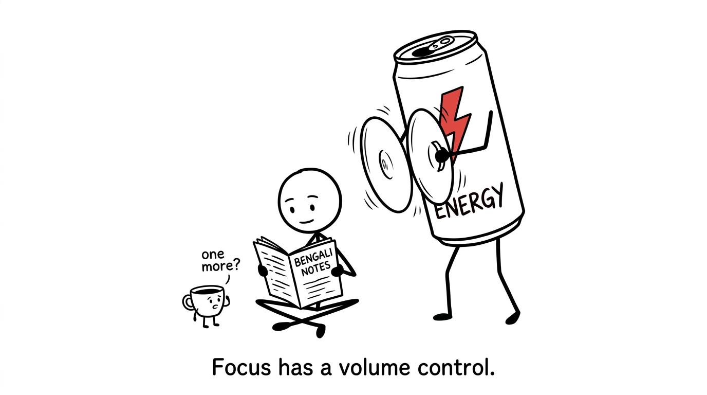A quiet coffee cup and a cymbal-carrying energy drink compete for a student's attention
