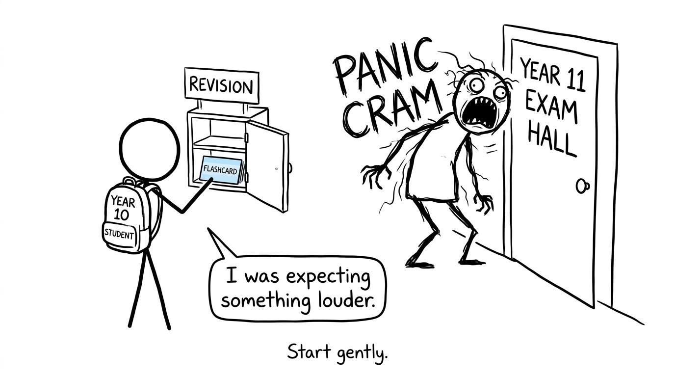 A calm flashcard faces the distant panic-cram monster