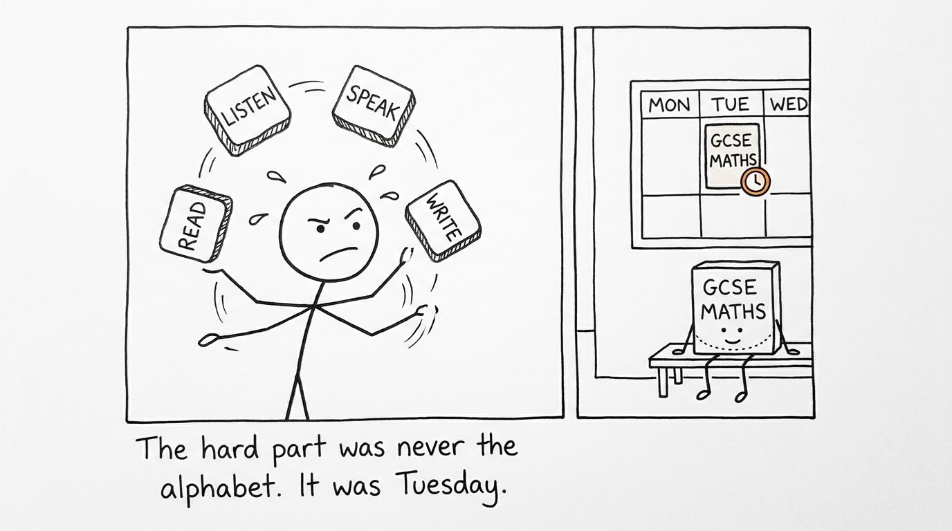 A student juggling four language skills while maths waits in the timetable