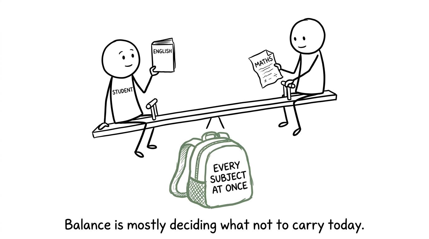 A calm student balances English and maths while leaving the everything at once backpack behind