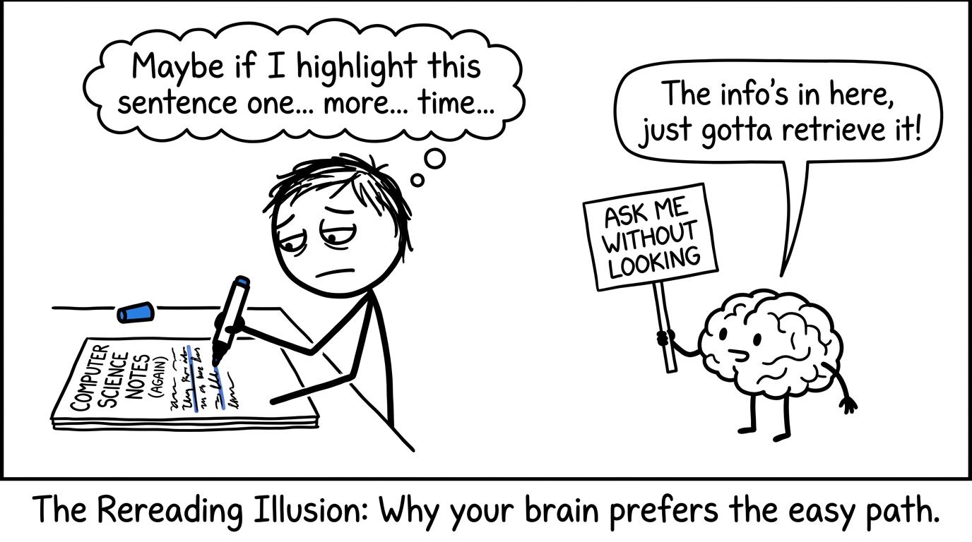 A student rereads highlighted notes while their brain asks to be tested without looking