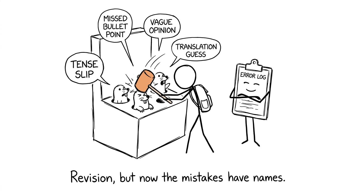 An error log naming the mistakes during revision