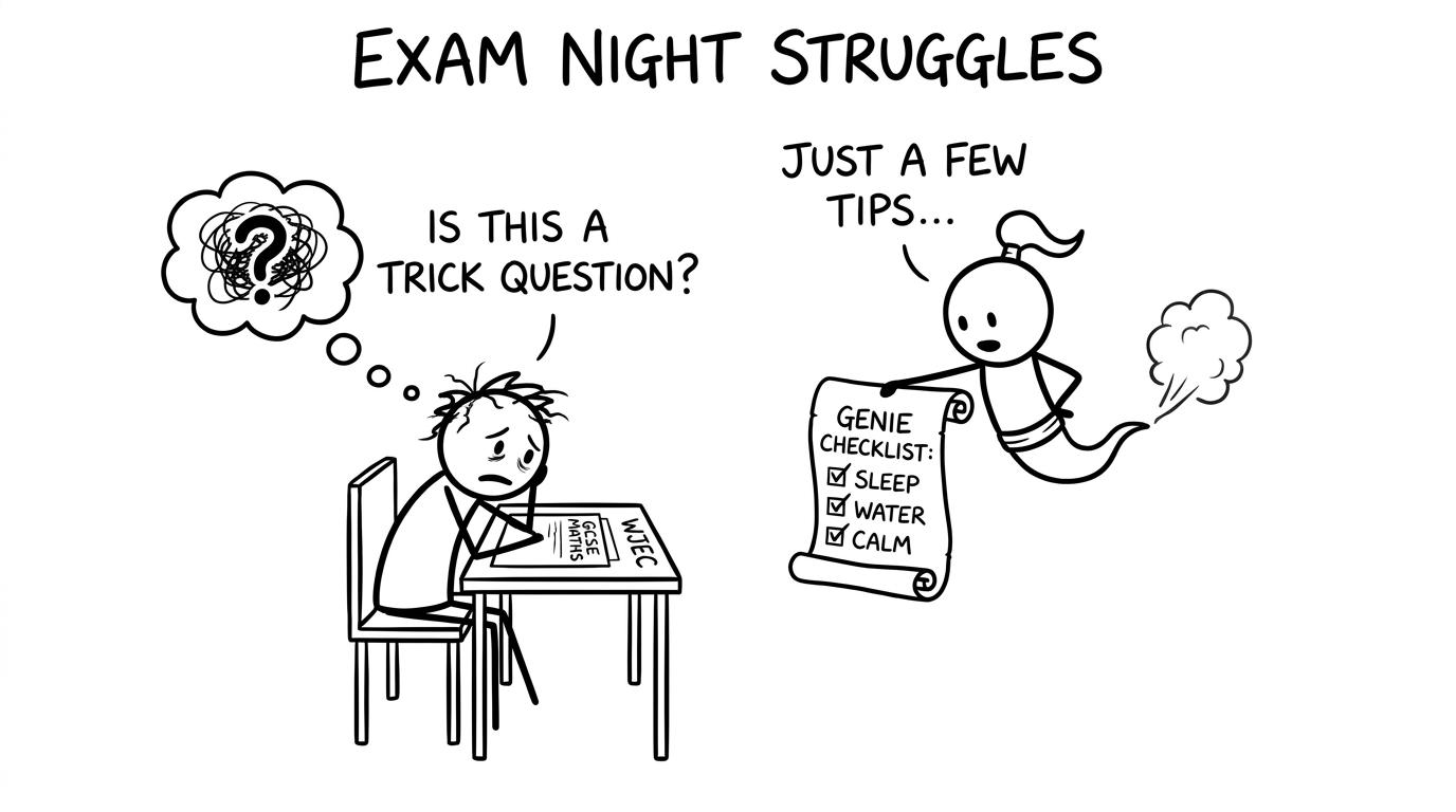 A student and a tiny genie with a checklist scroll