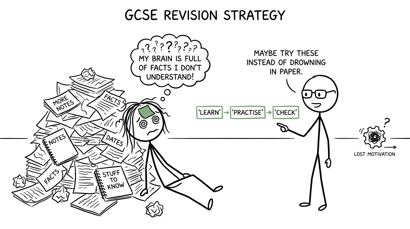 A sensible revision system defeats a mountain of notes using learn, practise and check