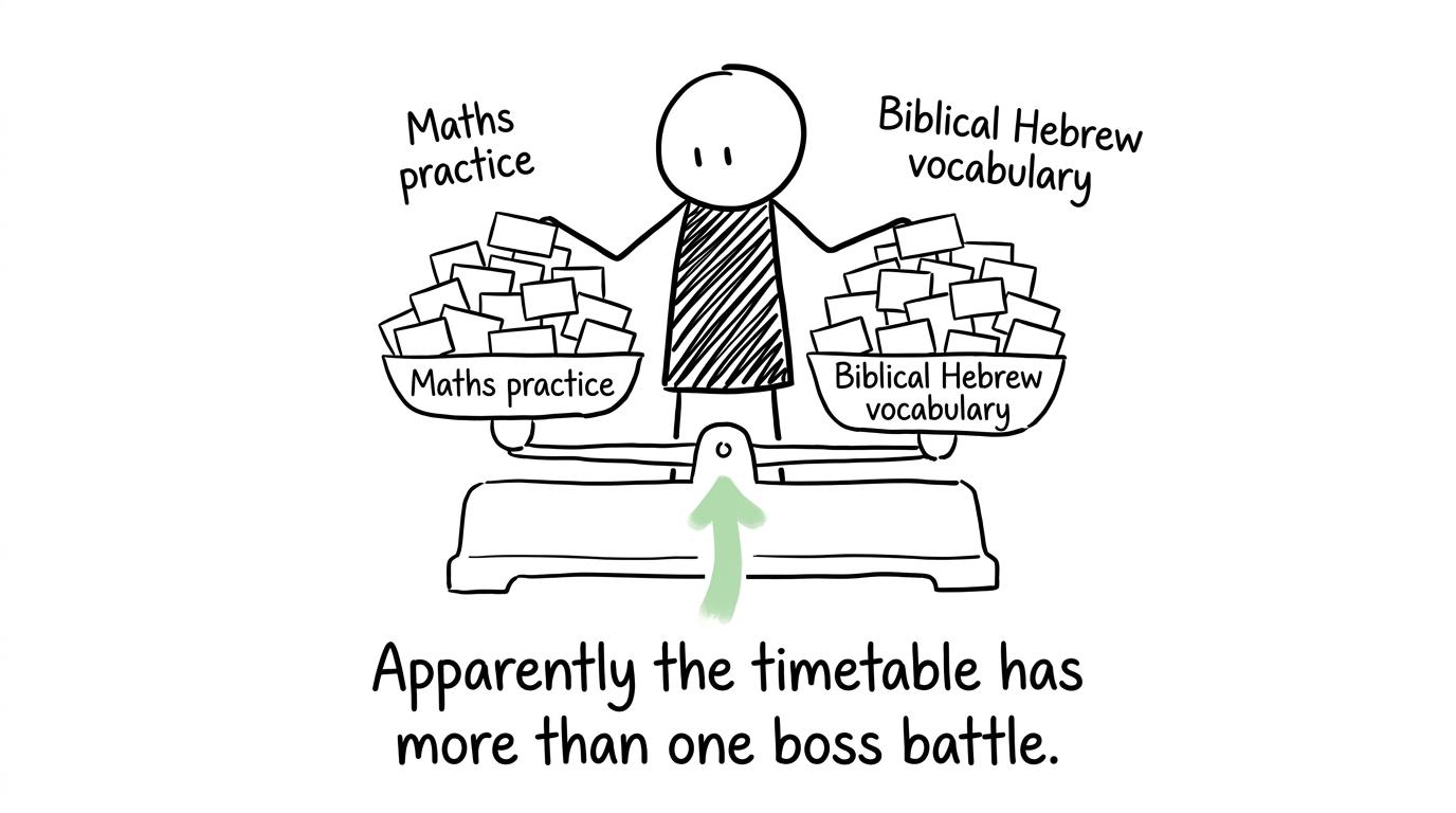 A student balances maths practice with Biblical Hebrew vocabulary