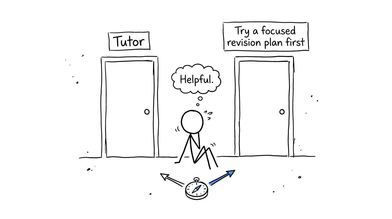 A student choosing between tutoring and focused revision while an unhelpful compass points both ways