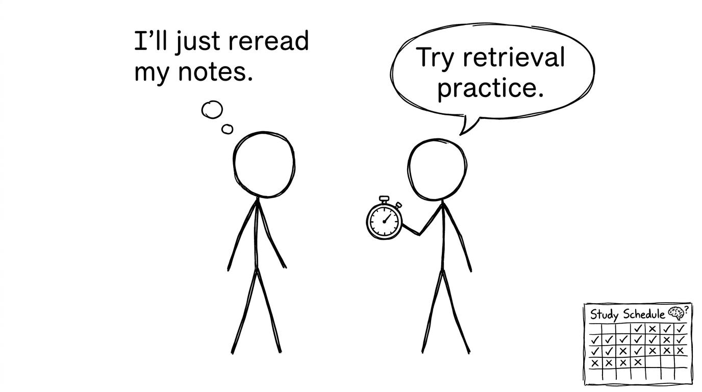 Two stick figures debate rereading vs retrieval practice