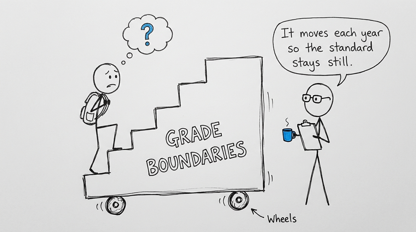 A moving grade-boundary staircase keeps the academic standard still
