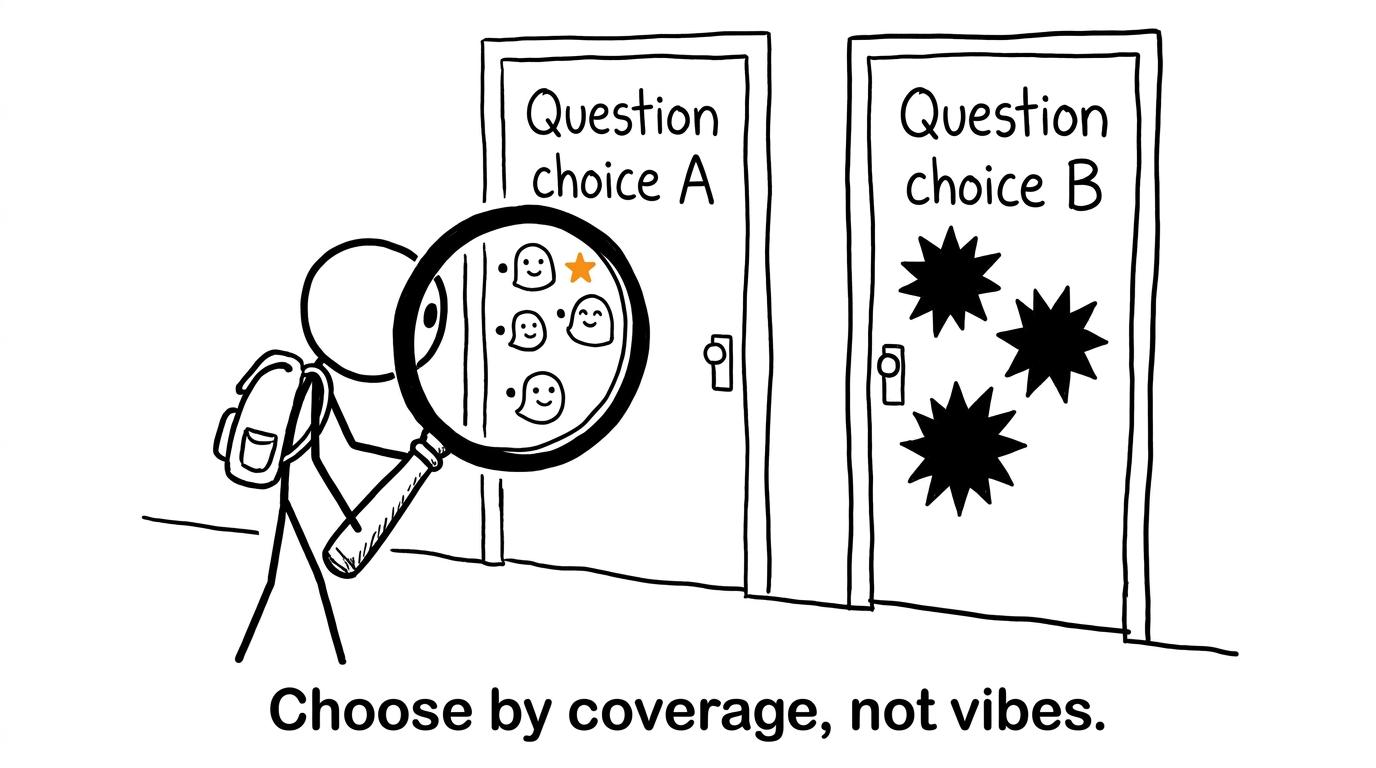 A student carefully chooses between two writing questions by inspecting the bullet points rather than trusting vibes