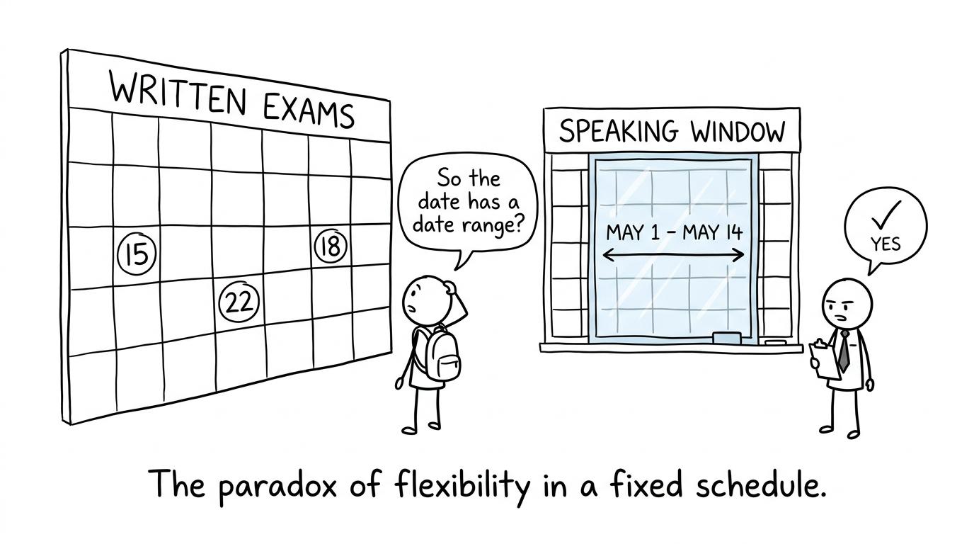 A student discovers that a speaking exam date is really a date range
