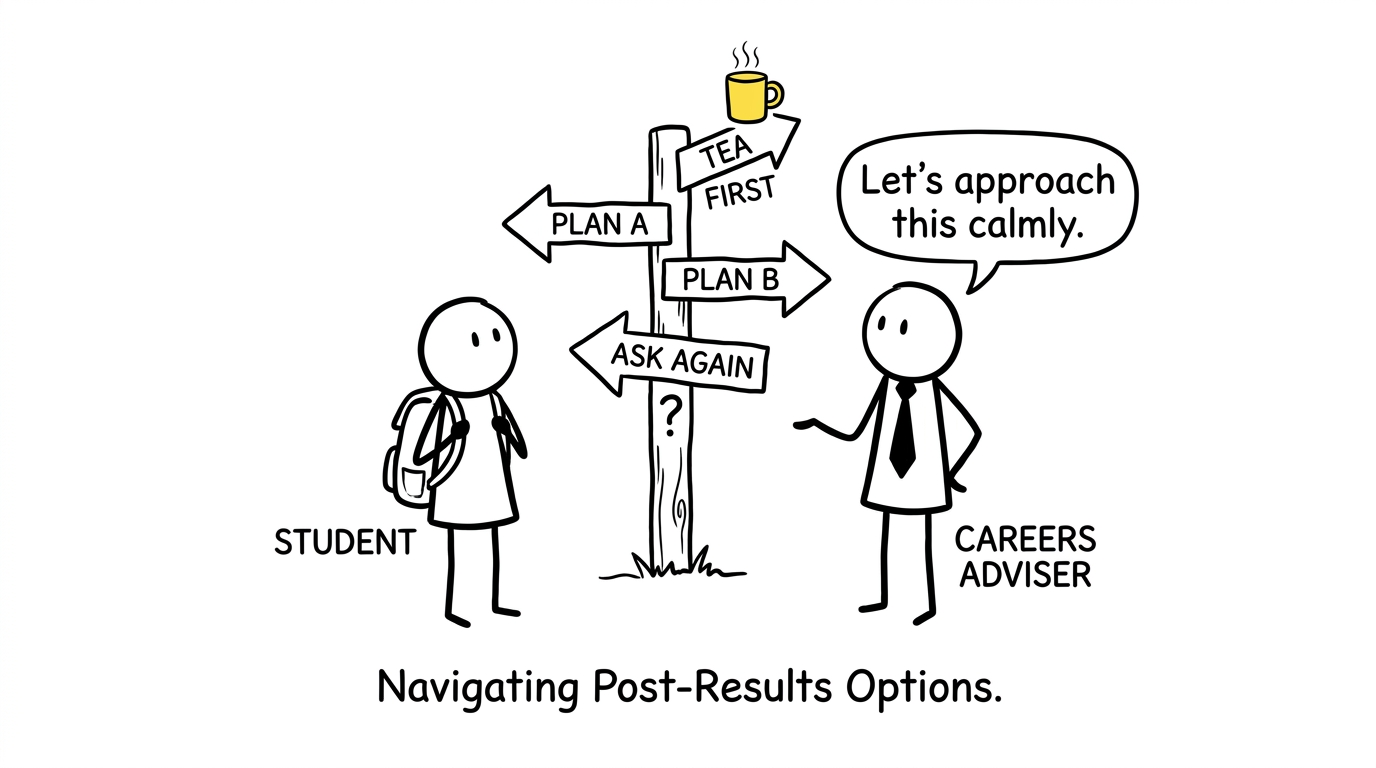 A student and adviser navigate an increasingly honest collection of post-results signposts