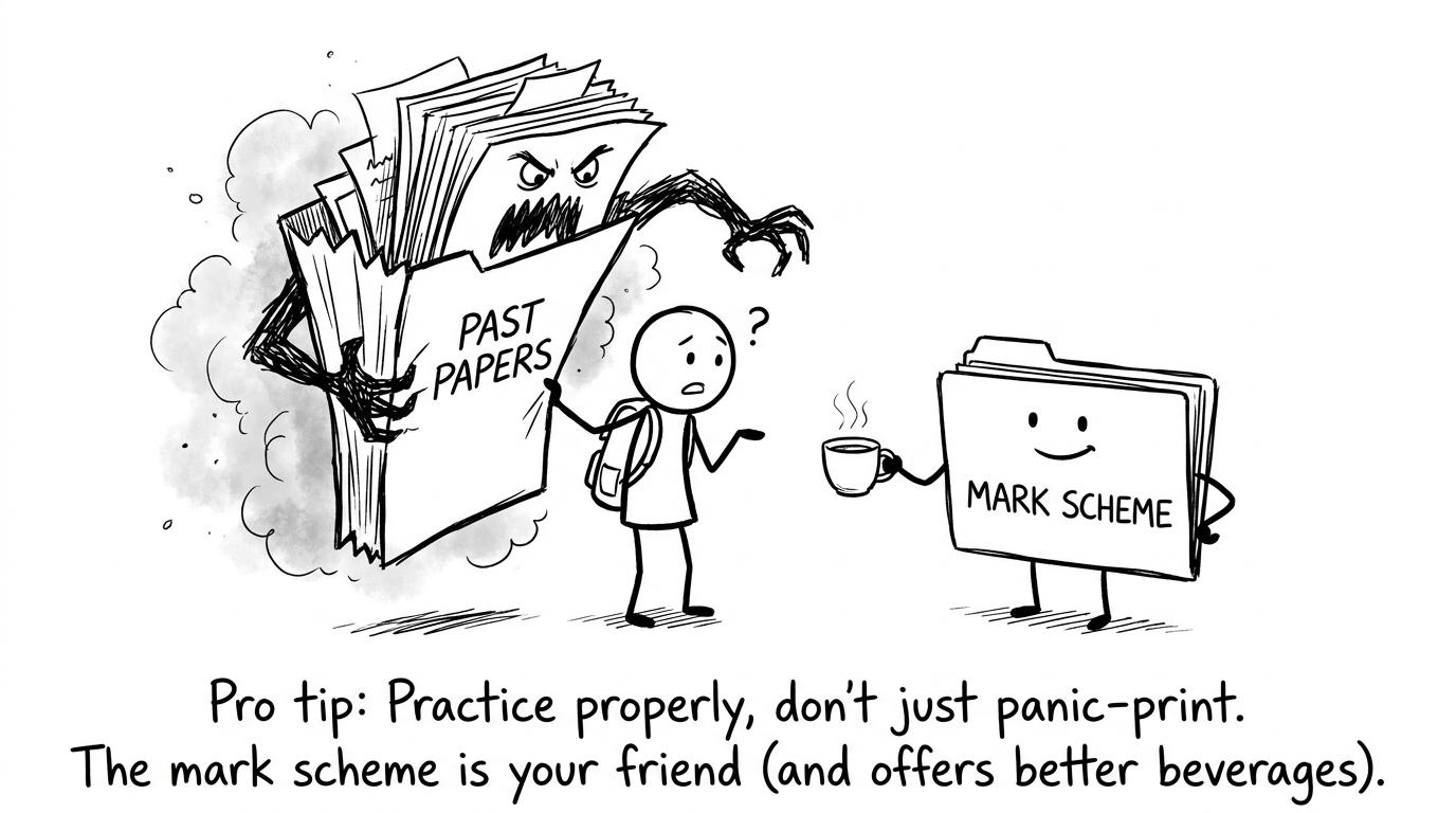 A monster folder of past papers meets a calm mark scheme