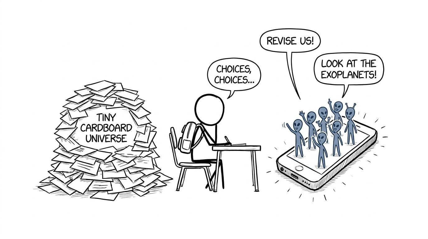 A student choosing between a tiny cardboard universe and a phone surrounded by notification aliens