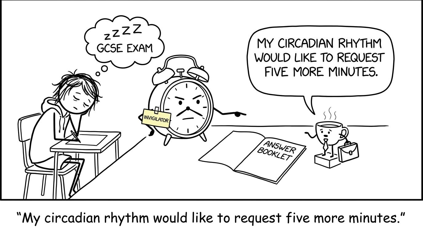 A sleepy student asks an alarm clock for five more minutes before an exam