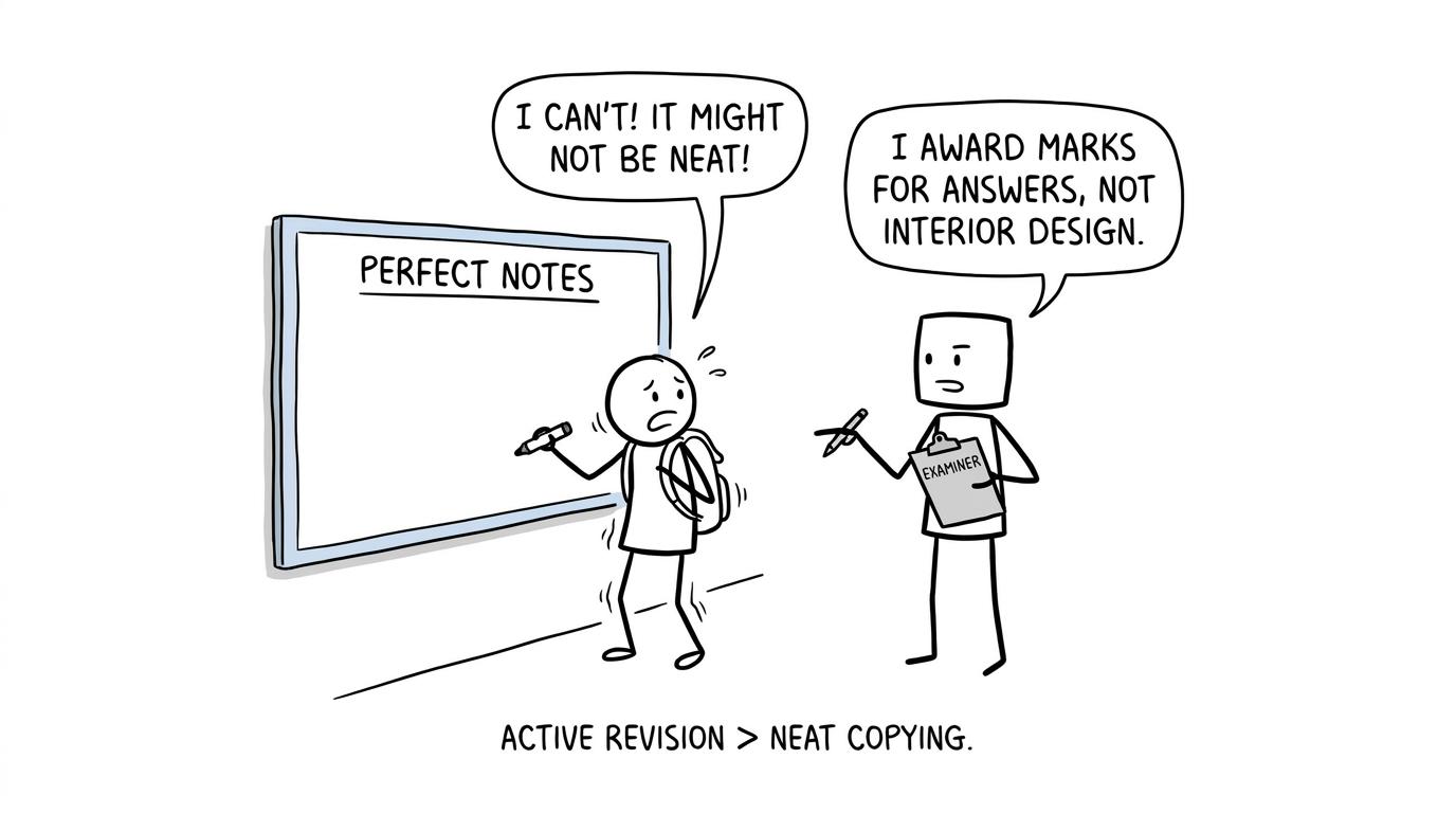A student discovers that examiners reward answers rather than perfect-looking whiteboards