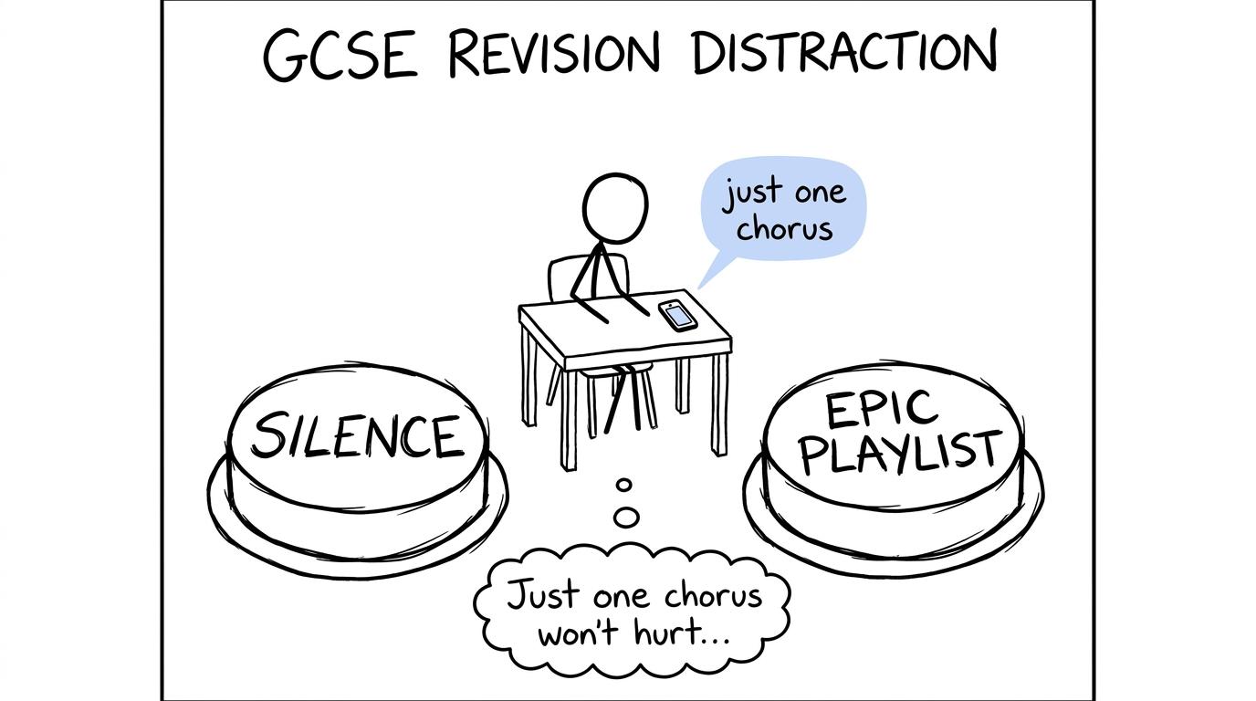 A student choosing between silence and an epic revision playlist