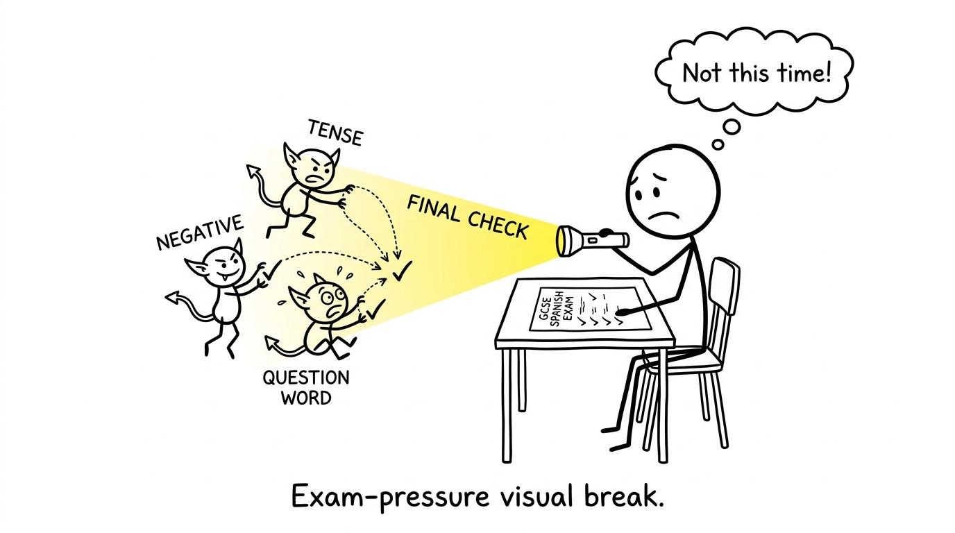 Three tiny exam gremlins are caught by a final-check torch