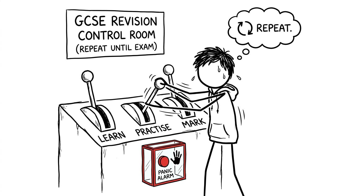 A calm revision control room uses learn, practise and mark levers
