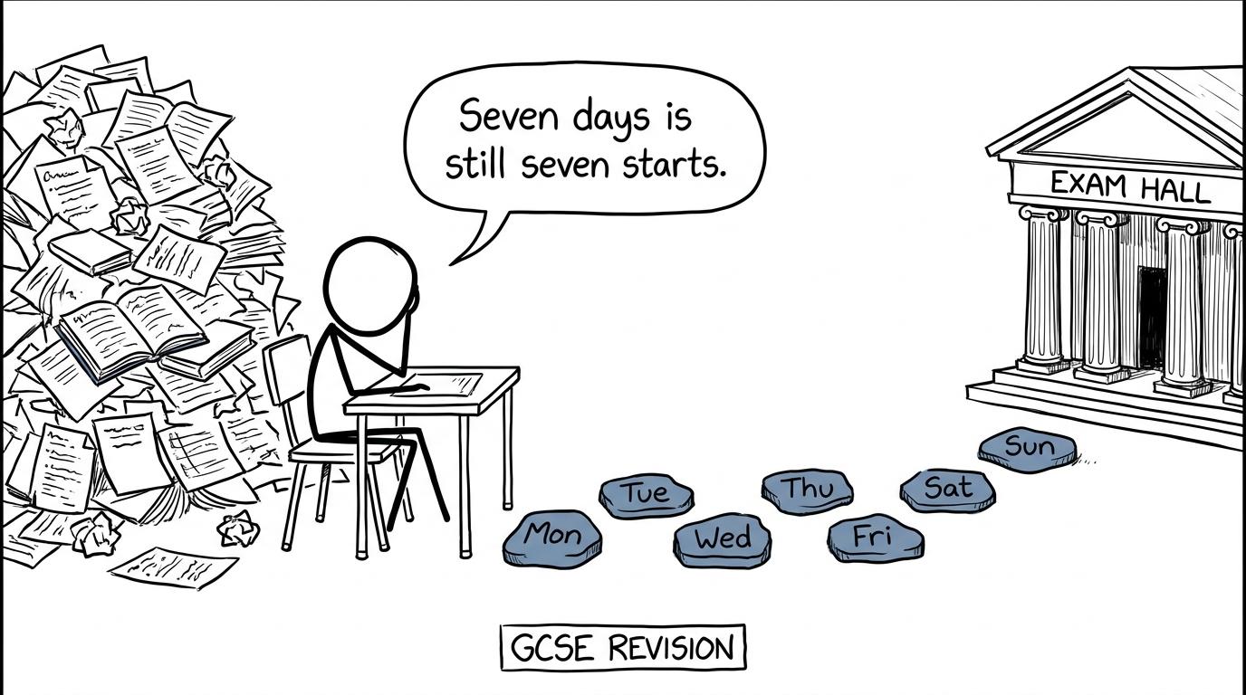 A student crossing seven stepping stones towards an exam hall