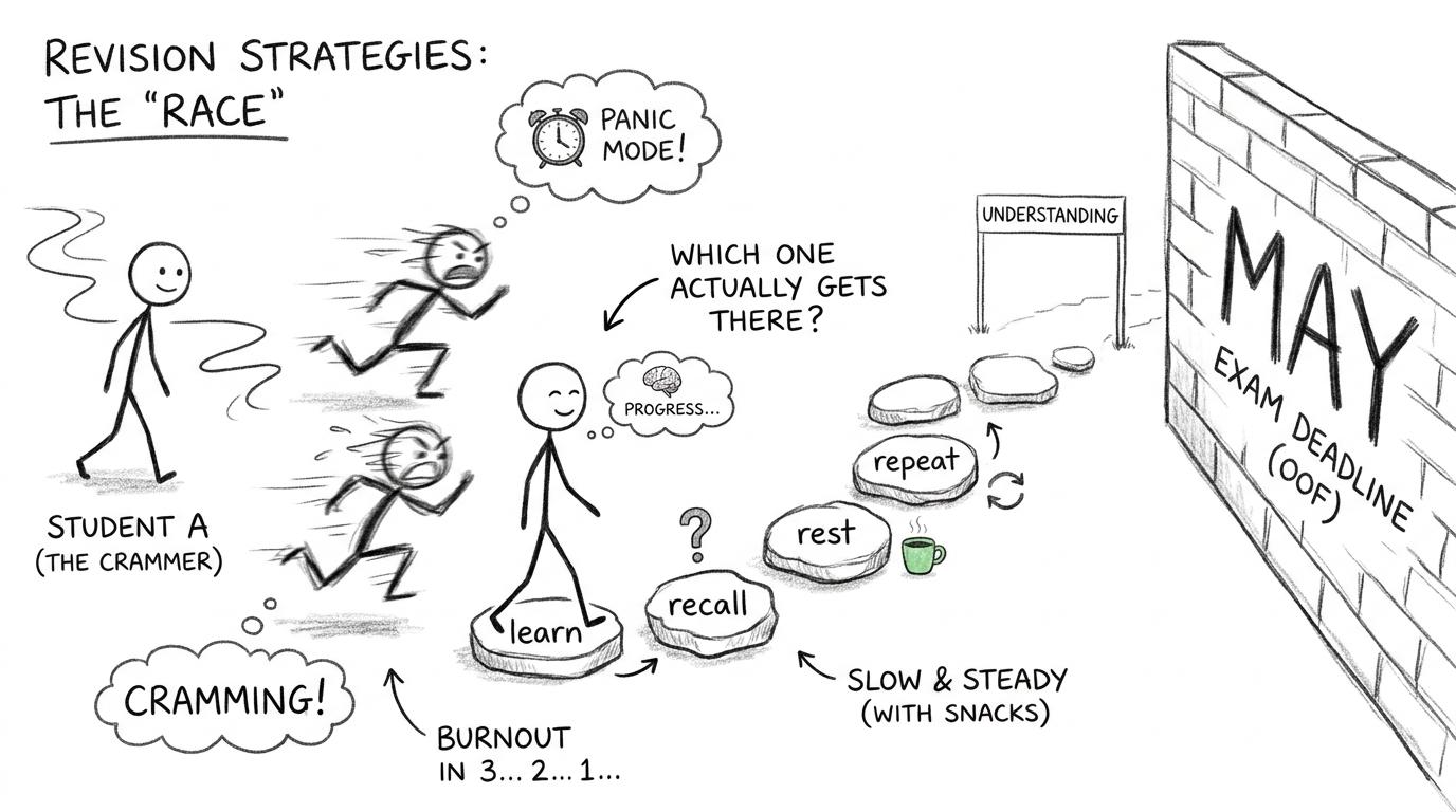 One student sprints into the May wall while another follows a steady revision path