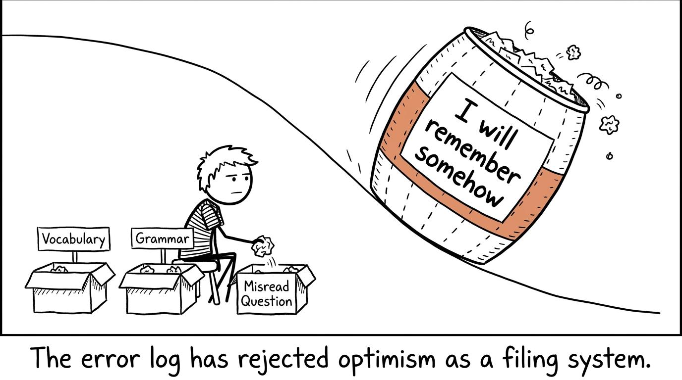 A student filing mistakes while optimism rolls away
