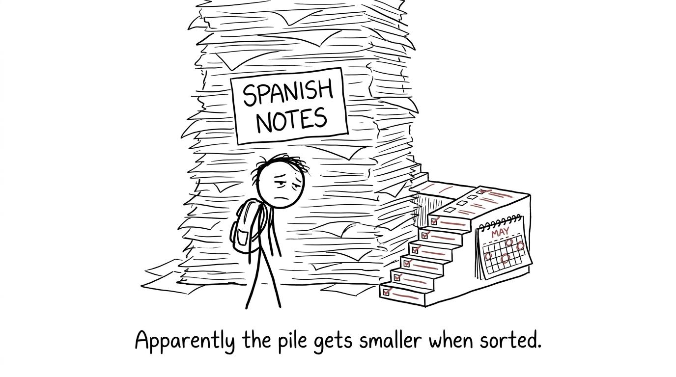 A returning student discovers that sorting the Spanish notes makes the pile manageable