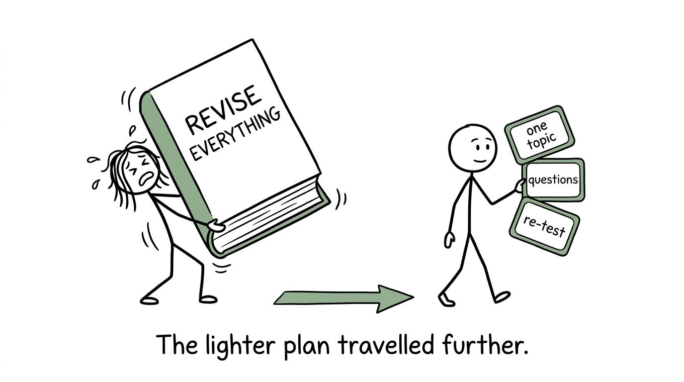 One student struggles with a huge revise-everything book while another carries a small practical plan