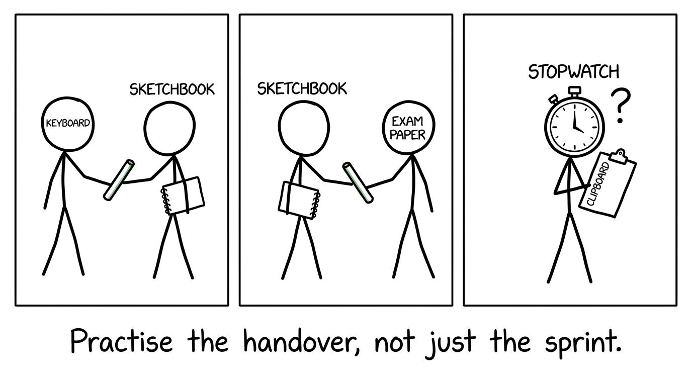 A keyboard passing a revision baton to a sketchbook