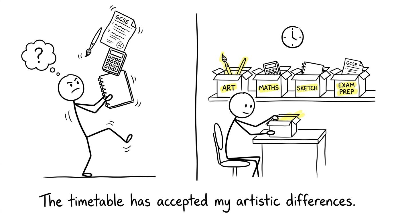 A student stops juggling art and maths resources and gives each one a place in the timetable