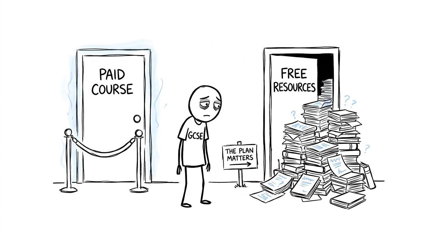 A student choosing between a paid course and free revision resources