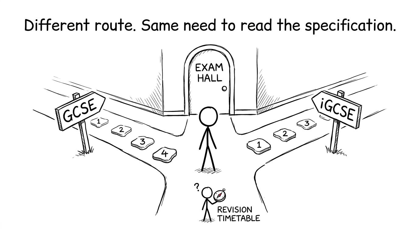A student discovers that GCSE and iGCSE are different routes towards an exam hall