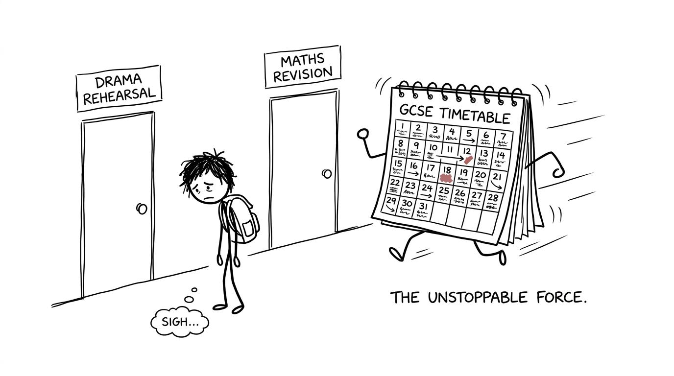 A GCSE student is chased by an overbooked calendar between Drama rehearsal and maths revision