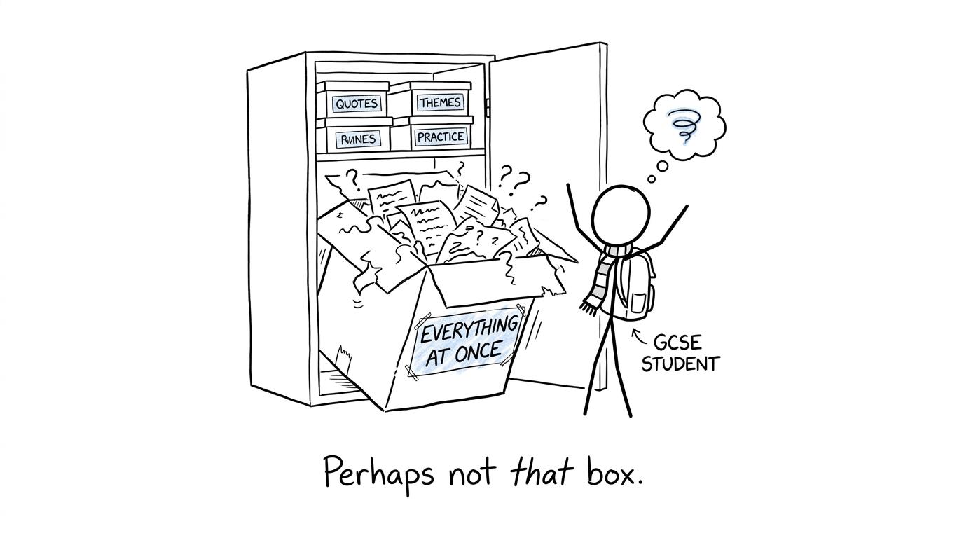 A revision cupboard contains useful small boxes and one disastrous everything-at-once box