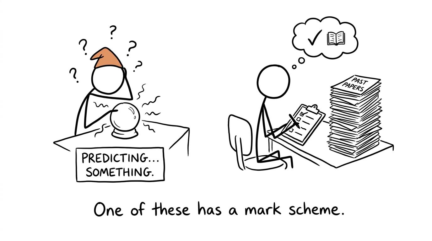 One student uses a crystal ball while another notices that past papers come with mark schemes