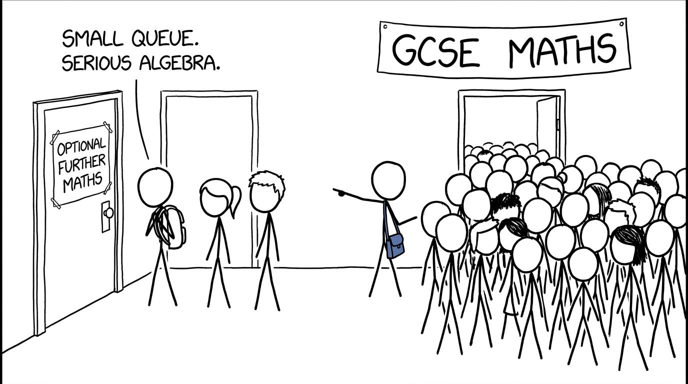 A small queue for optional Further Maths beside a much larger GCSE Maths crowd