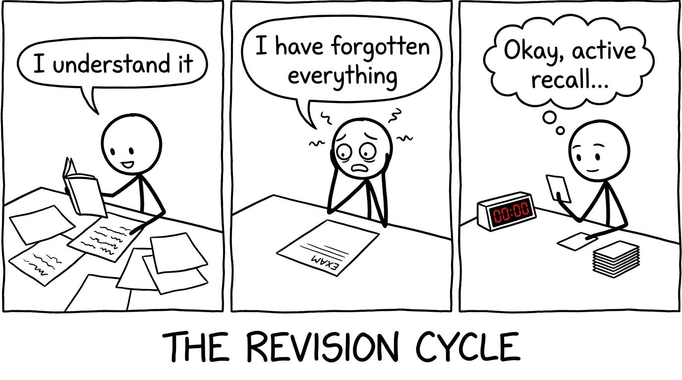 Three-panel comic about rereading vs active recall