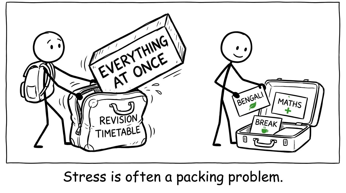 A calm student repacking an overloaded revision timetable