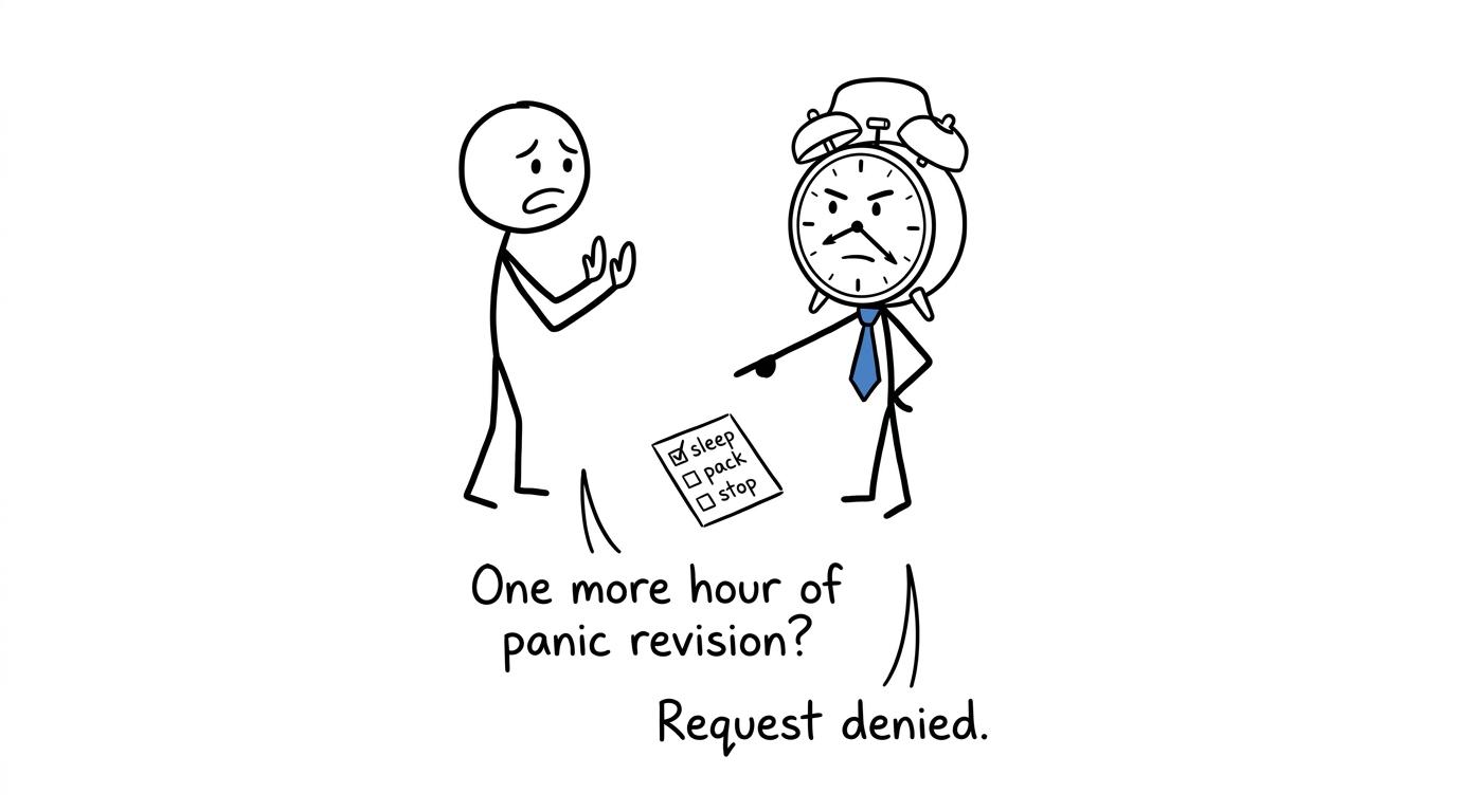 A student negotiating unsuccessfully with an alarm clock before an exam
