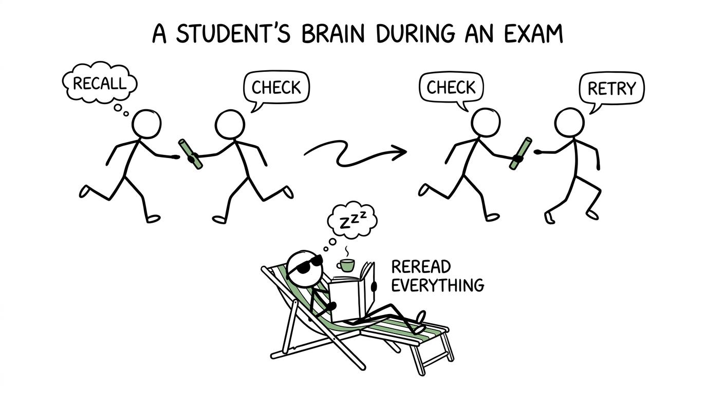 Inside the revision relay, recall passes the baton to checking and retrying