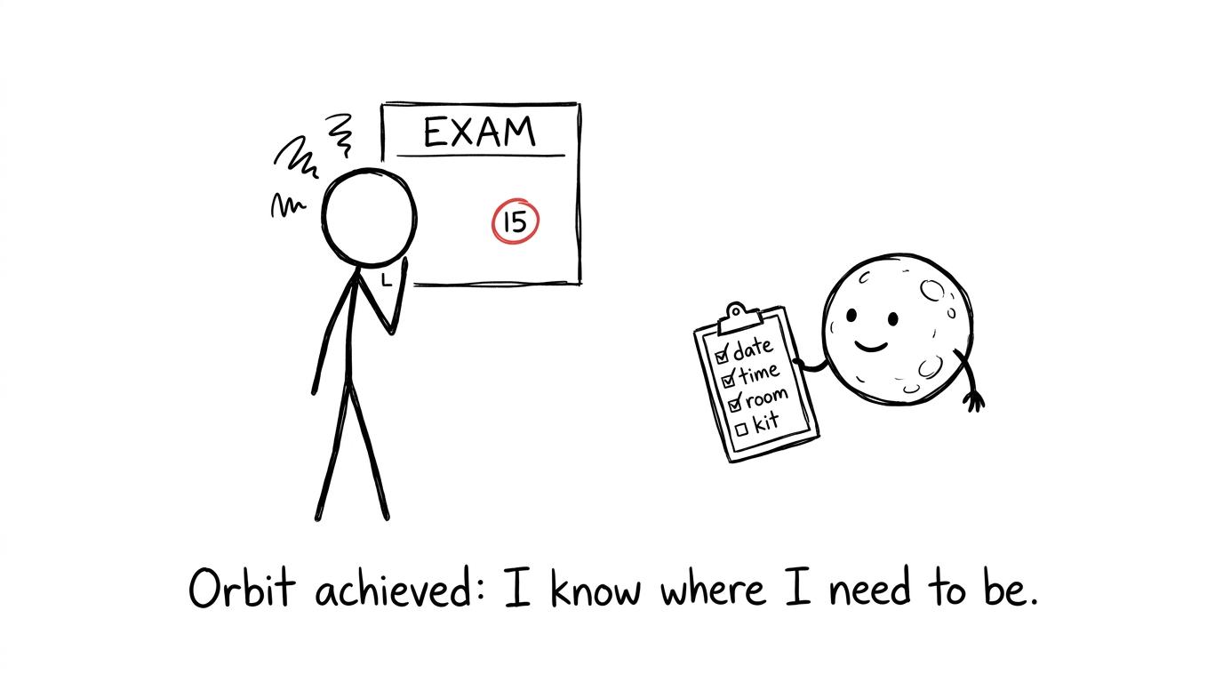 A student calmly confirms an exam date with help from a tiny moon