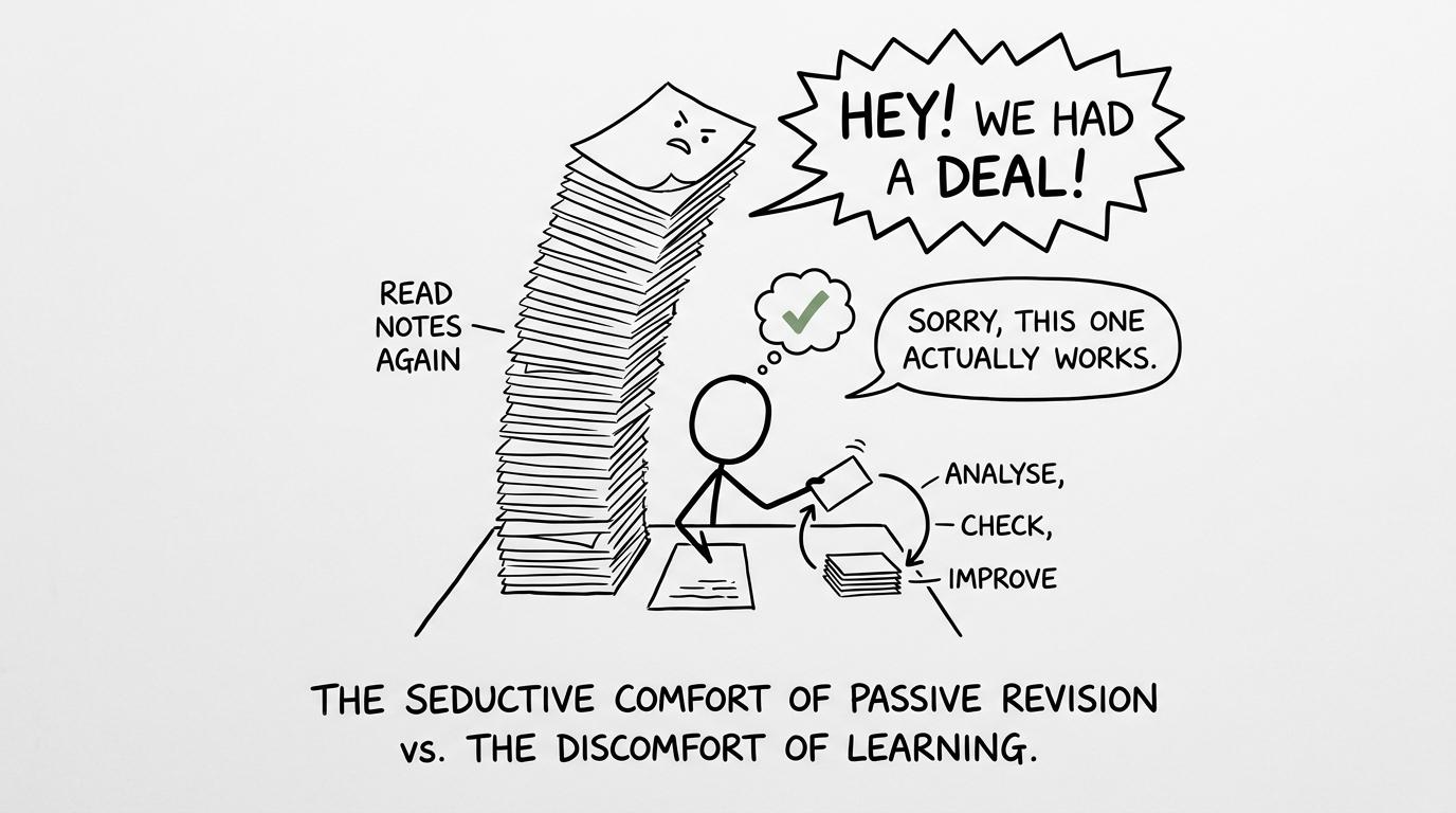 A giant pile of reread notes competes unsuccessfully with a small active revision loop