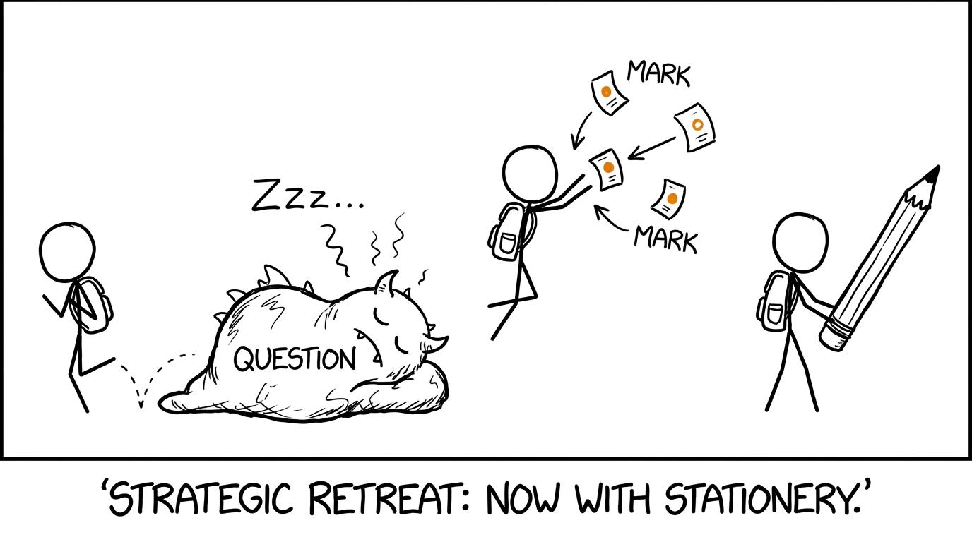 A student makes a strategic retreat from one difficult exam question