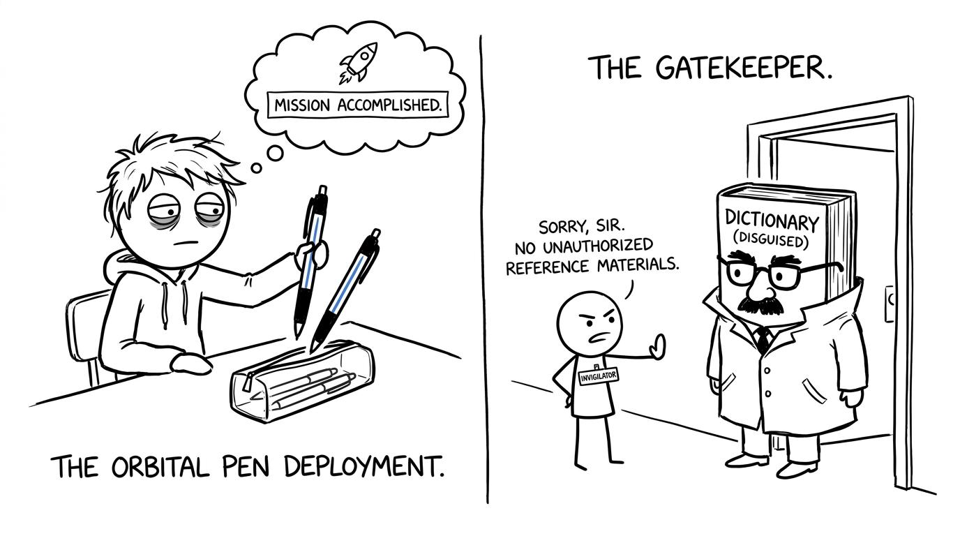 A student completes the dramatic mission of packing two black pens while a disguised dictionary is stopped outside