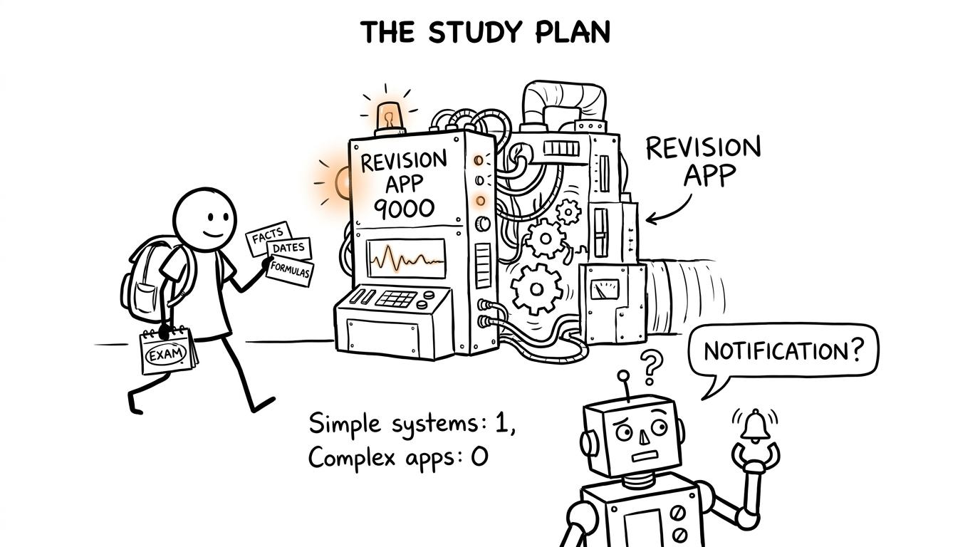 A student walking past an overcomplicated revision app