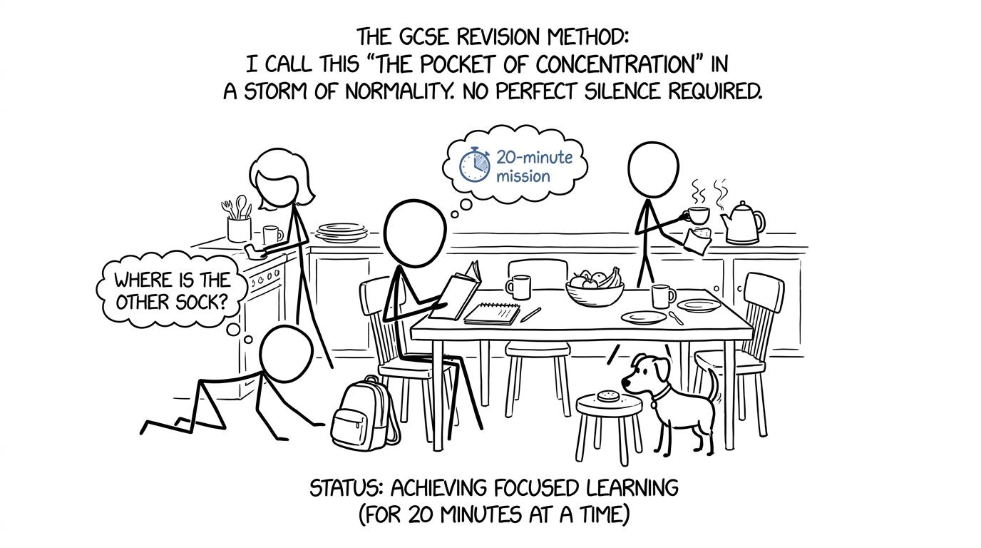 A student completing a short revision mission at a busy kitchen table