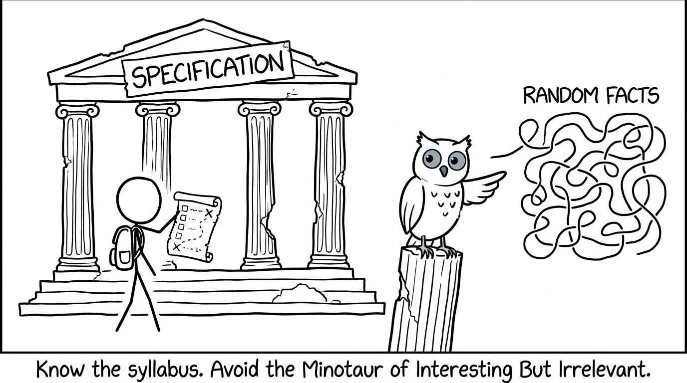 A student following the specification while avoiding a maze of irrelevant facts